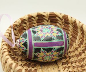 Quilt Style Batik Easter Egg Ornament -Purple and Blue Stars